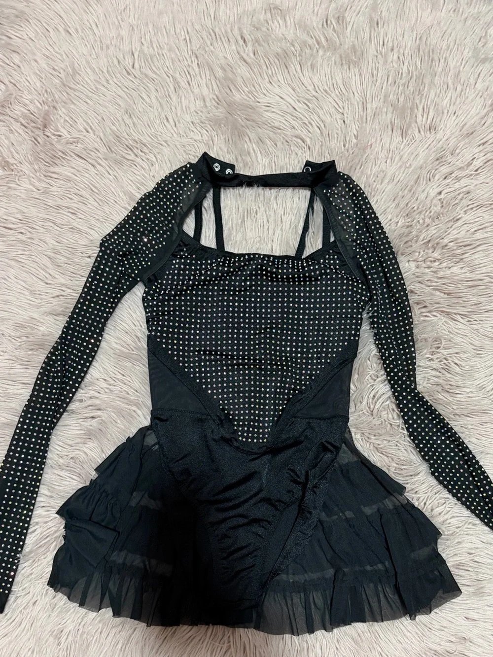 Weissman Black Long Sleeve Ruffled  tap/ jazz Mini Dress with Studded Details